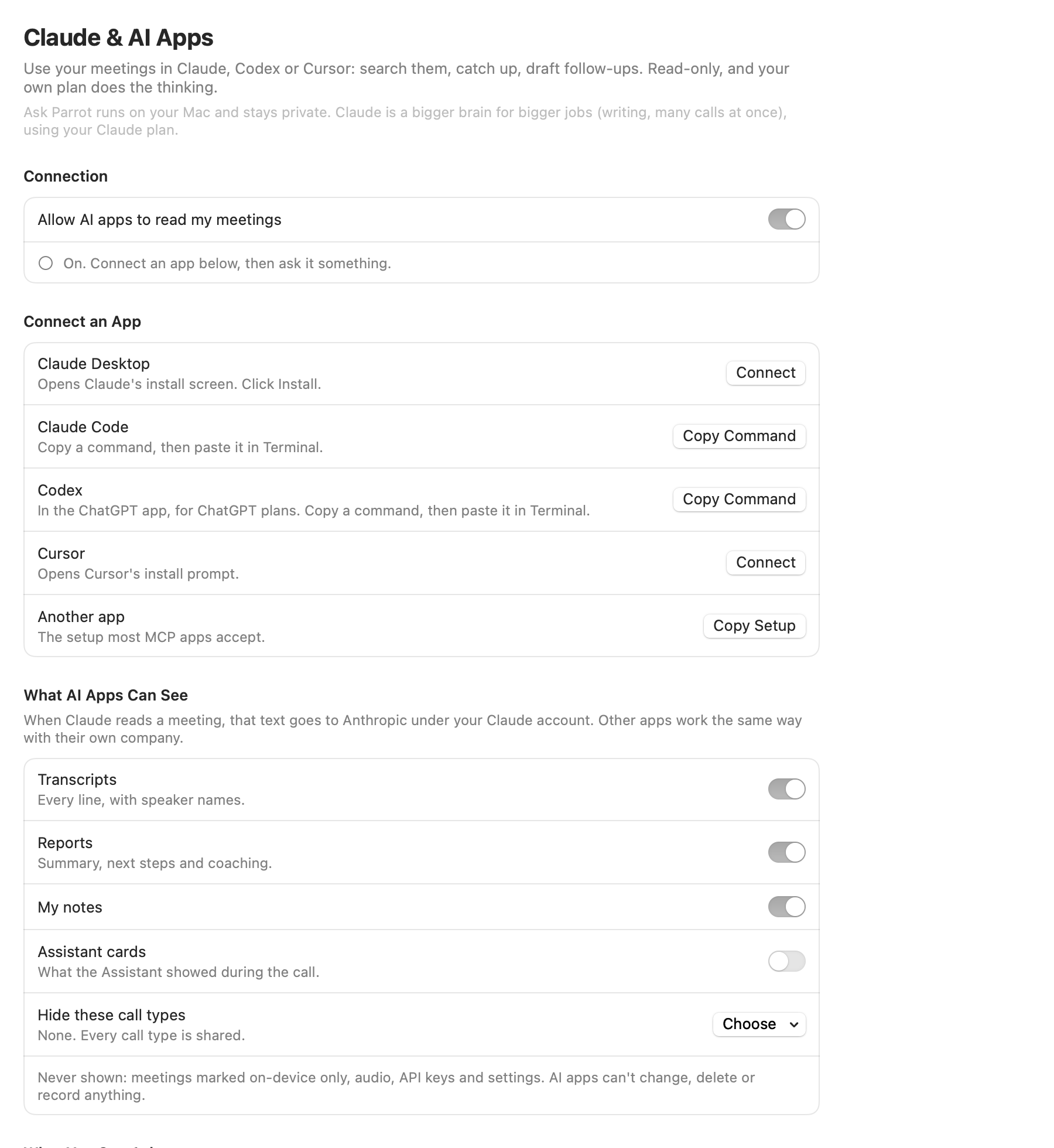 The Claude & AI Apps page: the switch, connect buttons and what AI apps can see