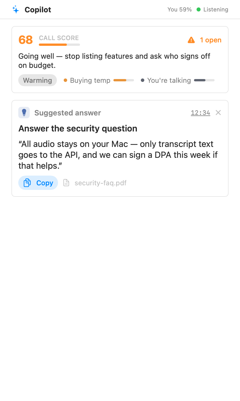 Copilot panel with call score and a suggested answer