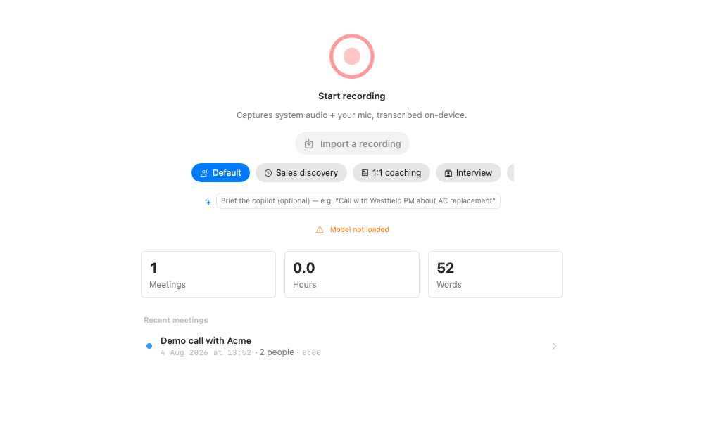The dashboard: record button, profile chips, stats and recent meetings
