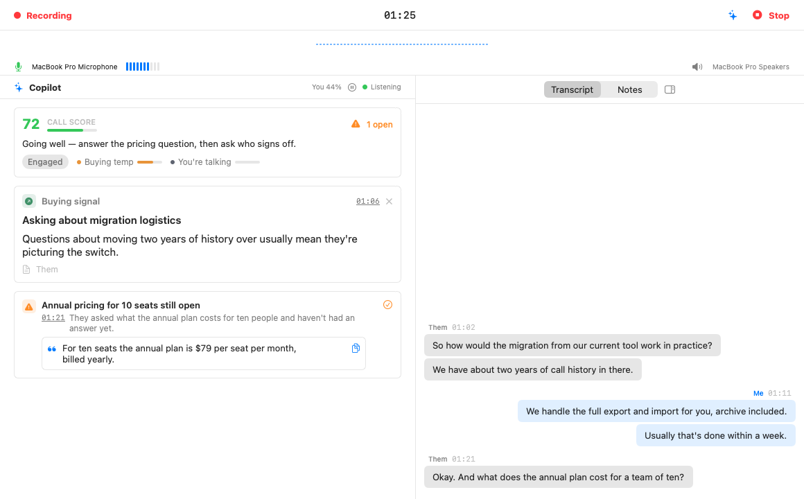 The live call screen: header, device bar, Copilot panel on the left, transcript on the right