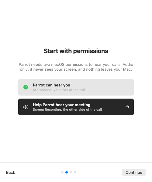 The permissions step during onboarding