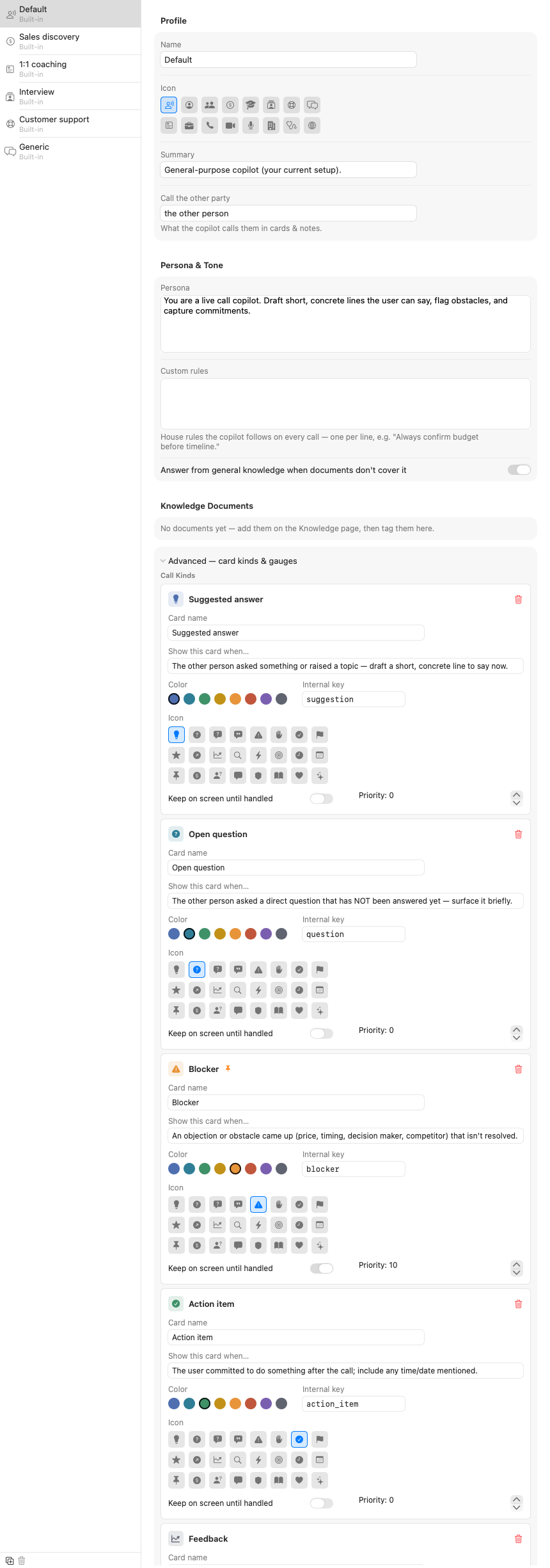 The Advanced section: full editors for each card kind with name, trigger, color, key, icon, pinned toggle and priority