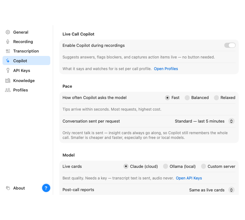 The Copilot settings page: enable toggle, pace, window and model pickers