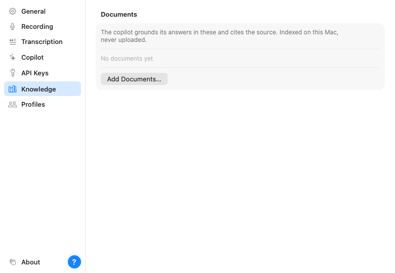 The Knowledge settings page