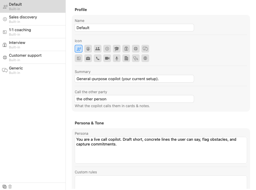 The Profiles page: profile list on the left, editor on the right