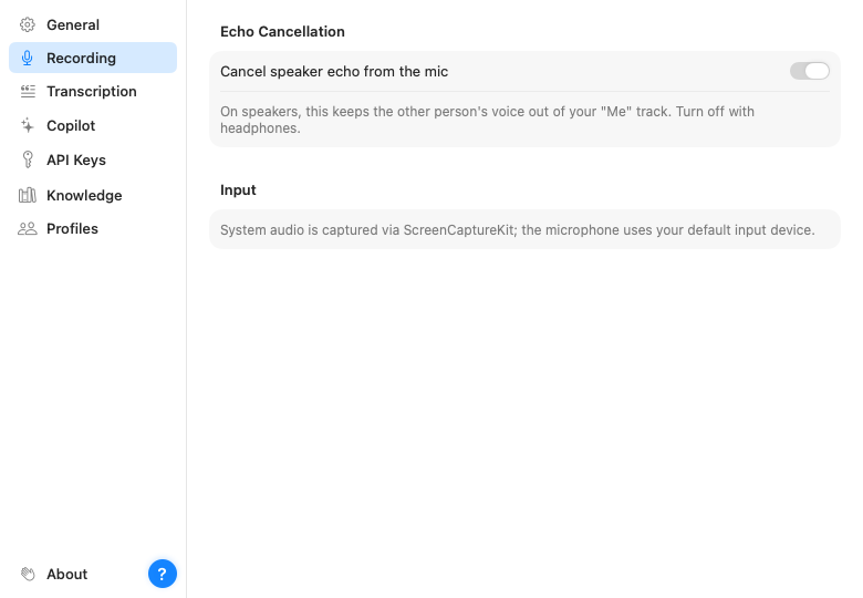 The Recording settings page