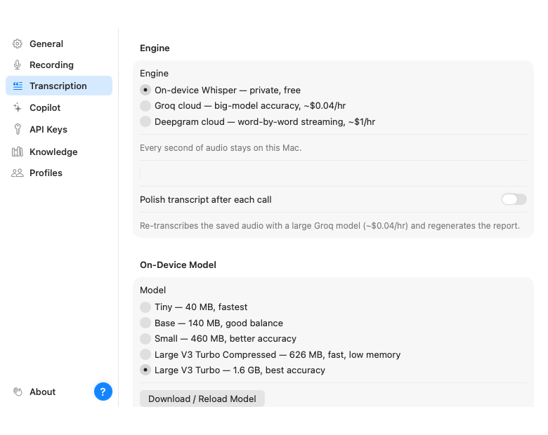 The Transcription settings page